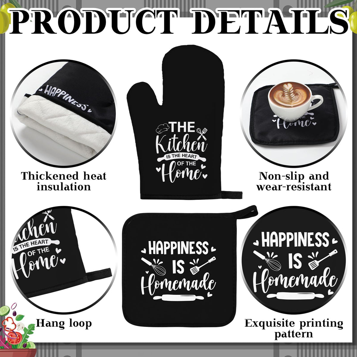 17 Pcs Black and White Kitchen Decor and Accessories Black and White Kitchen Rug and Mat Oven Mitts and Pot Holders Apron Dish Towels Cute Wooden Spoons for Home Decor Housewarming Gifts (17 Count)
