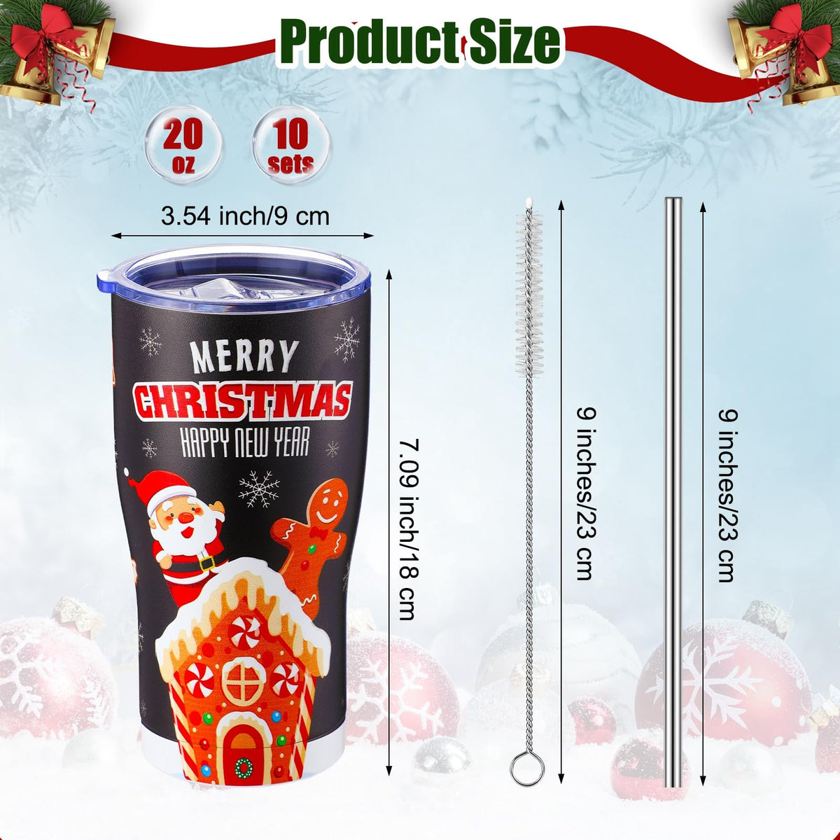 10 Sets 20oz Christmas Tumblers with Lids and Straws Christmas Stainless Steel Tumbler Double Wall Insulated Travel Coffee Mug for Xmas Gift Holiday Family Friend Drinks (10 Count)