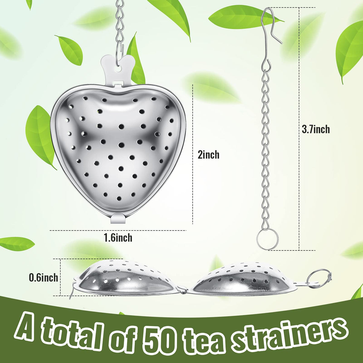 50 Pcs Stainless Steel Tea Strainer Ball Infuser Loose Leaf Steeper Interval Diffuser Heart Shape Mesh Filters with Extended Chain Hook for tea party Seasonings Cup Bottle