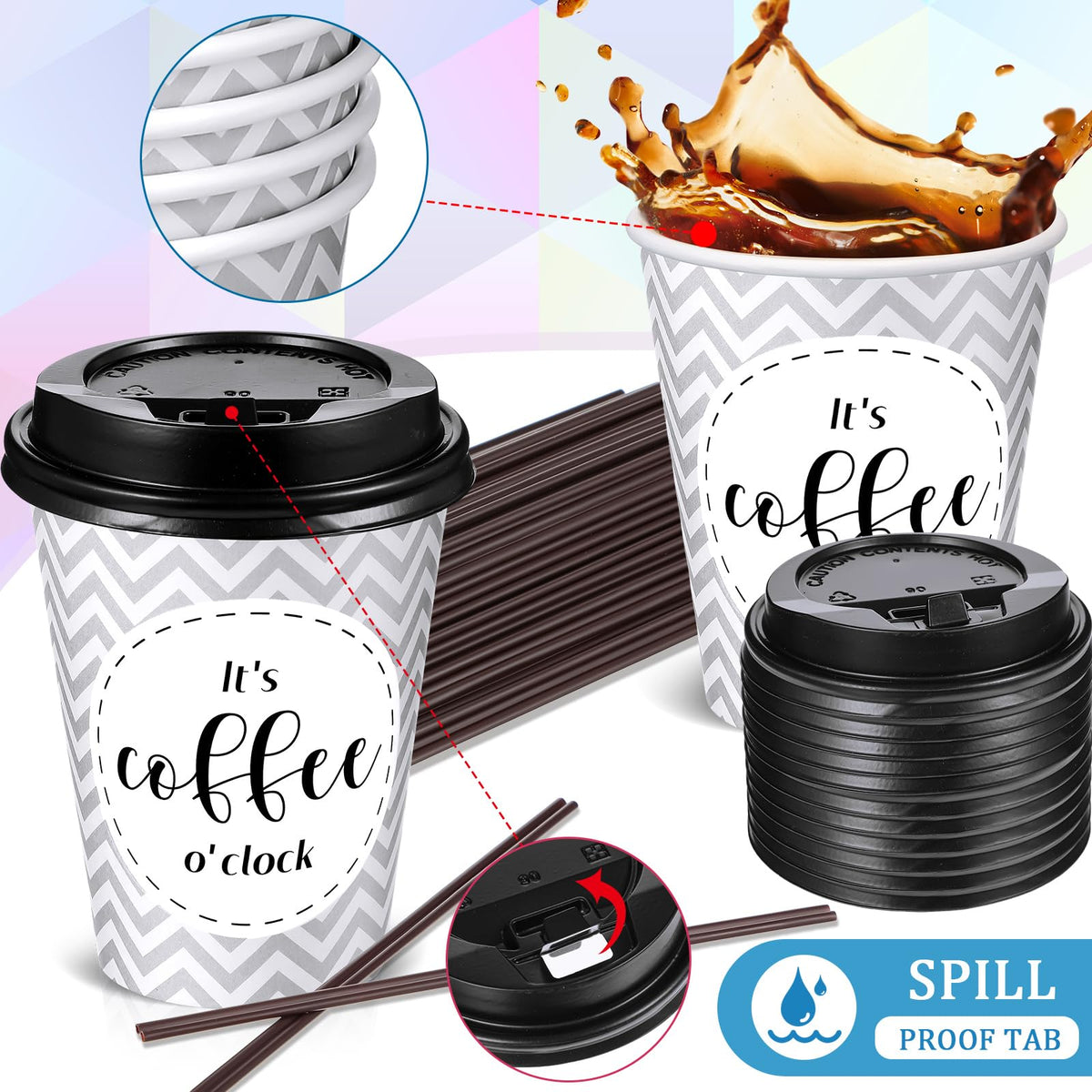 100 Pack Disposable Coffee Cups with Lids and Straws