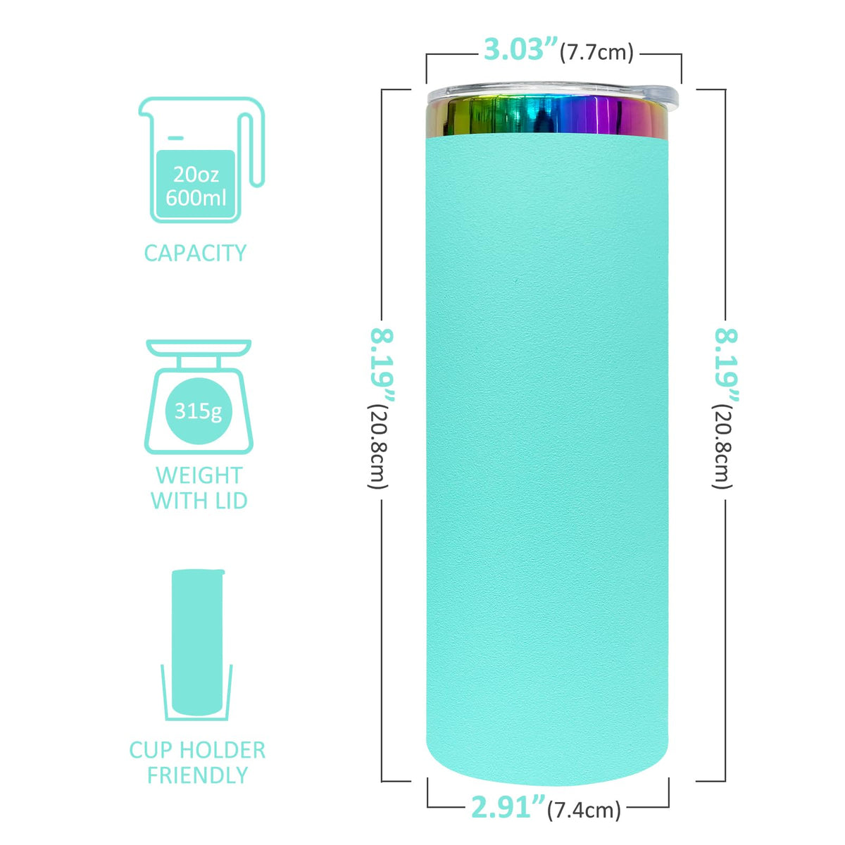 20 oz Skinny Tumblers Bulk With Lid and Straw Mint Green (8 Count)