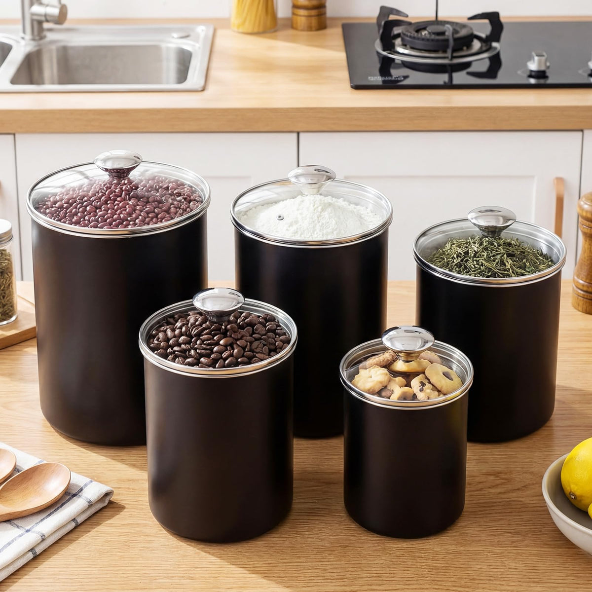 5 Pcs Stainless Steel Canister with Glass Lids Airtight Food Jar Storage Canister Set (5 Count)