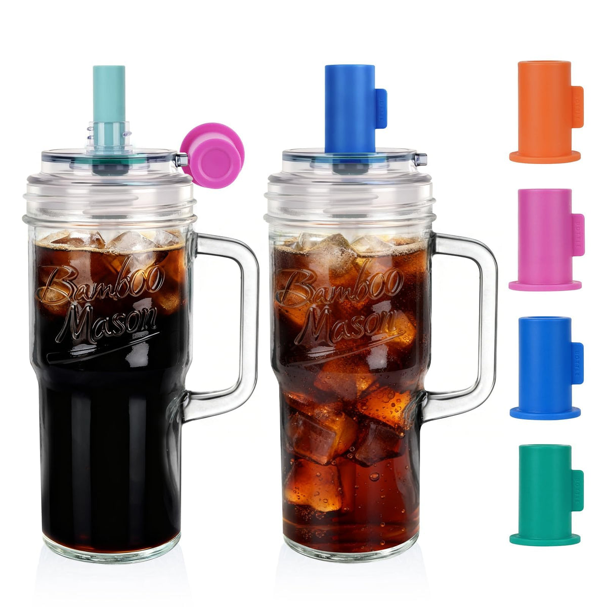 Glass Tumbler With Handle Bamboo Mason Leakproof Mason Jar Cups with Lids and Straws (2 Count)