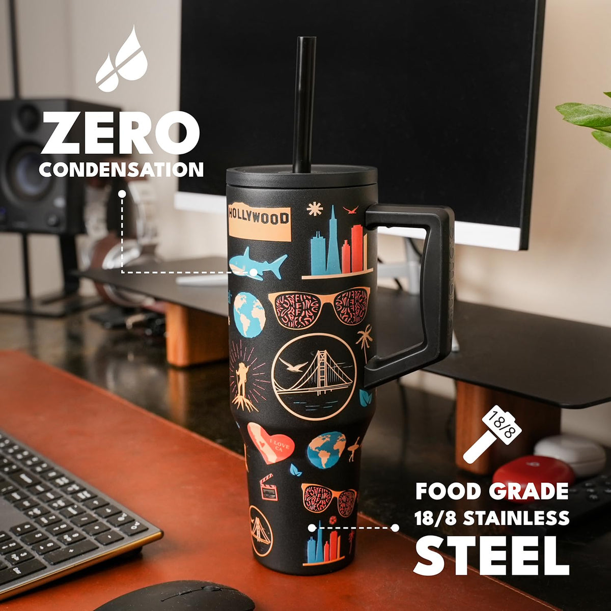 Spill Proof 40oz Insulated Tumbler with Handle & Straw Travel Mug