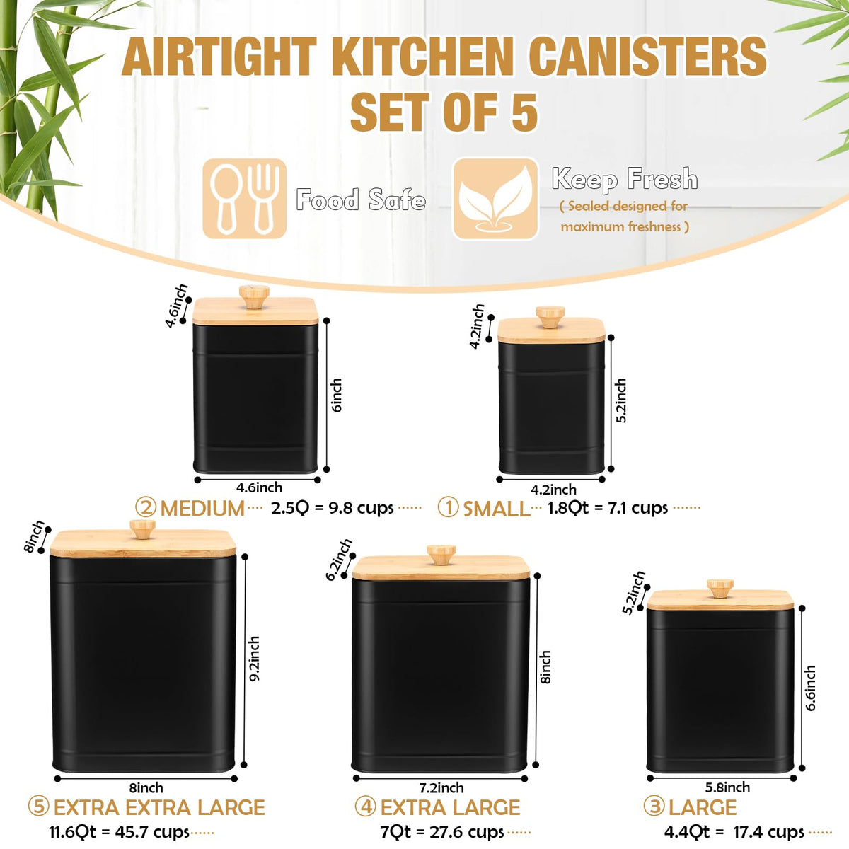 5 Pcs Black Kitchen Canisters for Countertop with Labels Airtight Metal Containers Coffee Tea Sugar Flour Jars with Spoon Farmhouse Big Food Storage Set for Kitchen (5 Count)