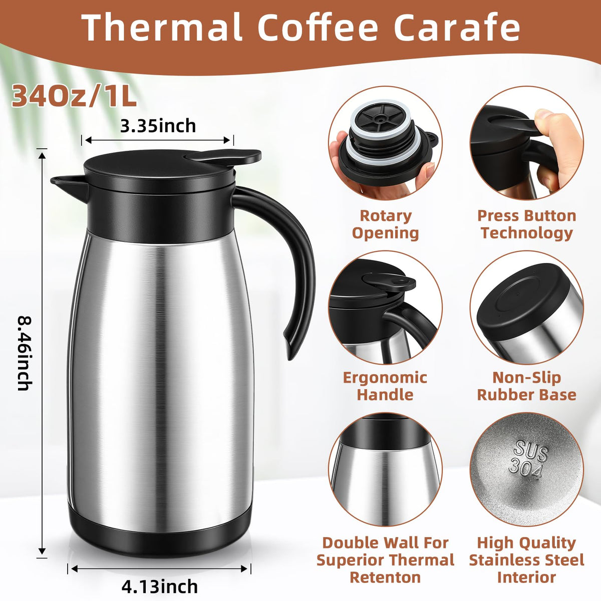 2 Pcs Thermal Coffee Carafe Insulated Stainless Steel Coffee Carafe for Hot Liquid Vacuum Thermal Pot Creamer Pitcher Dispenser with Brushes Keeping Hot Water Milk (2 Count)