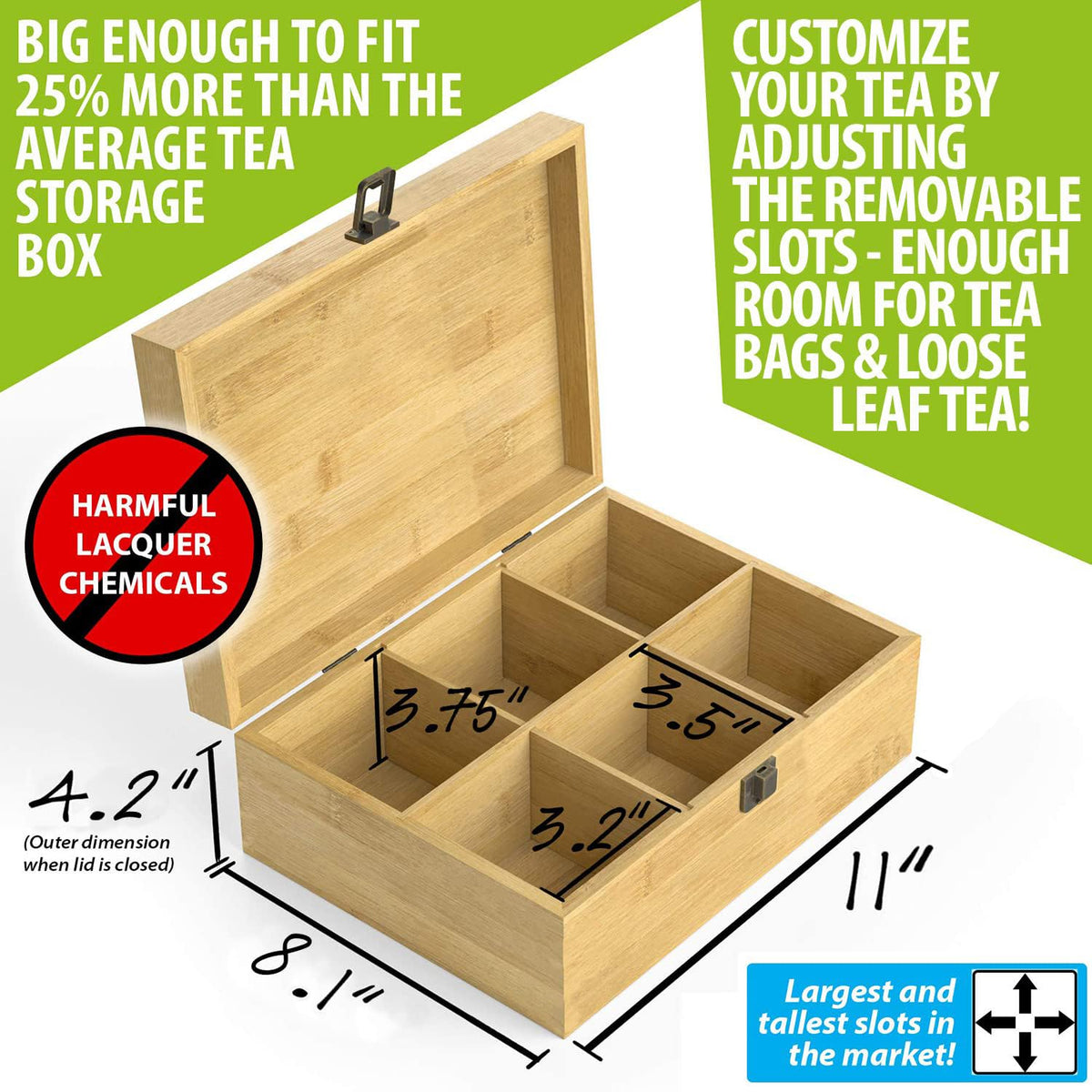 Tea Organizer Box Food Safe Chemical Free Bamboo Wood Storage Chest Big