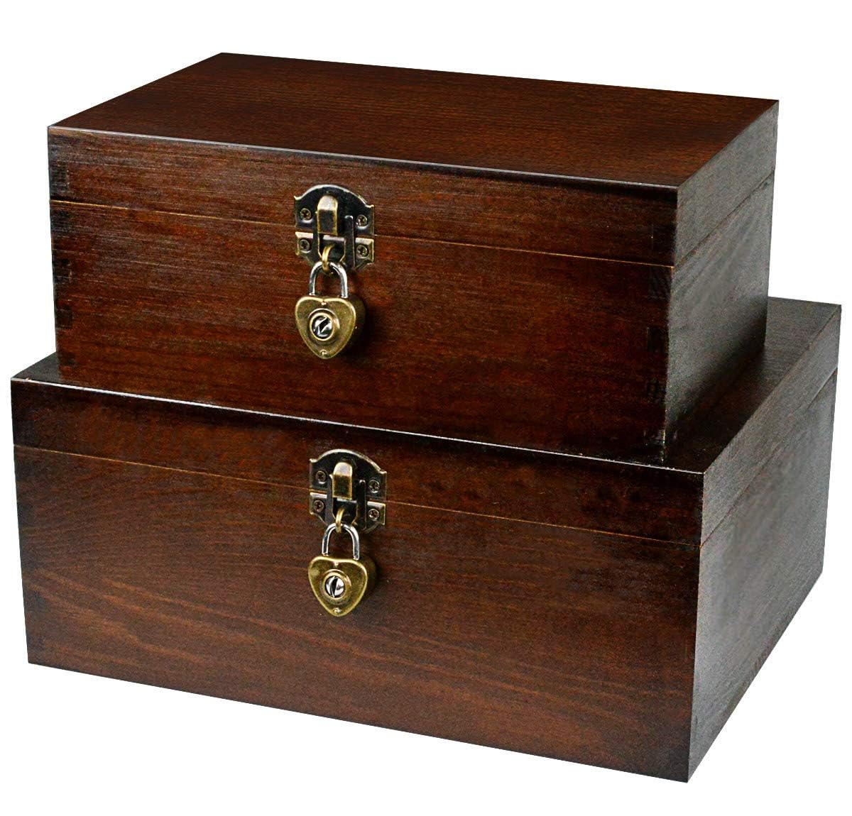 Wood Keepsake Boxes with Lock and Keys Handcrafted Decorative Wooden Storage Case Cabinet Container Hinged Lid Country Rustic Style Organizer for Trinkets Gift Card Collection Coffee Color 2 Pack (2 Count)