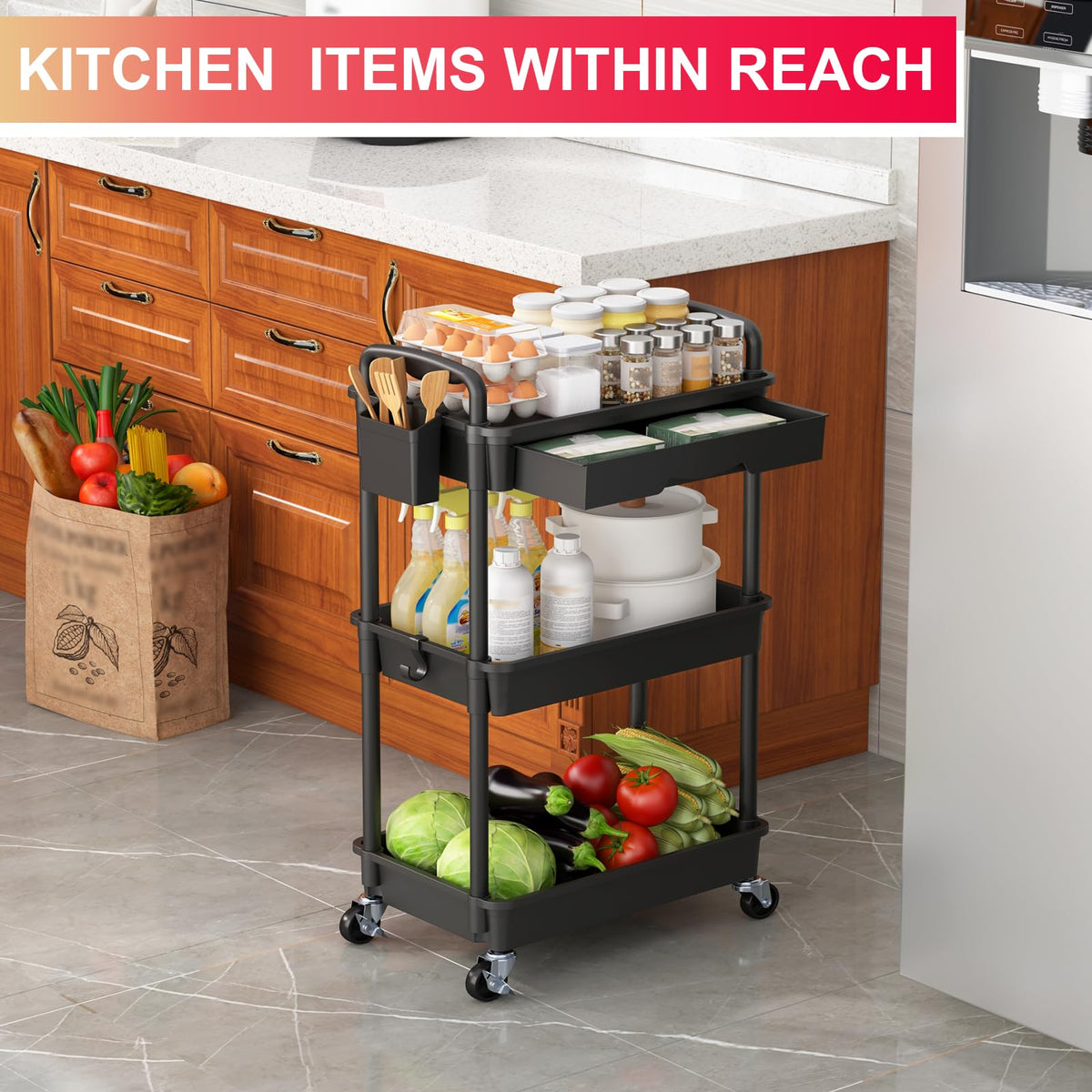 3 Tier Rolling Utility Cart Organizer with Removable Drawer