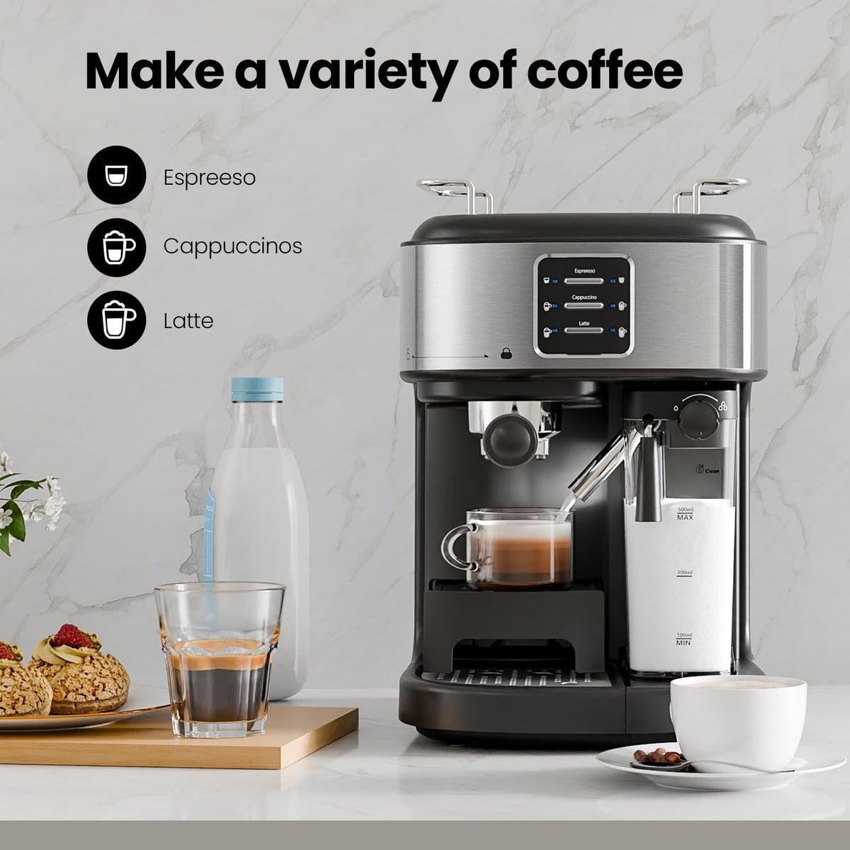 20 Bar Professional Compact Espresso Cappuccino Machine with Auto Milk Frother