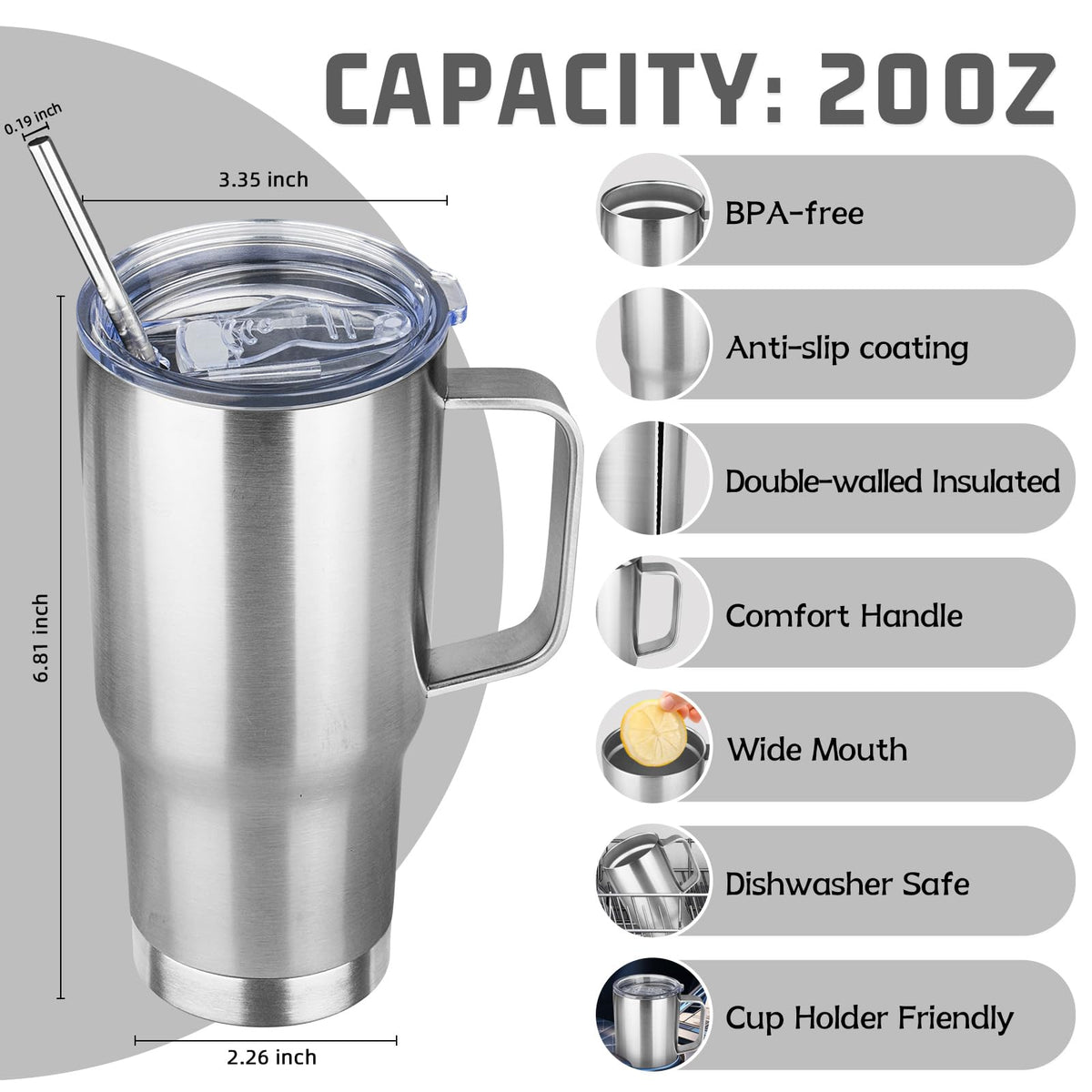 20 oz Tumbler with Handle Stainless Steel Insulated Coffee Mug Tumbler with Lid and Straw Double Wall Vacuum Insulated Coffee Mug Leak Proof Travel Mug Tumbler for Hot and Cold Drink