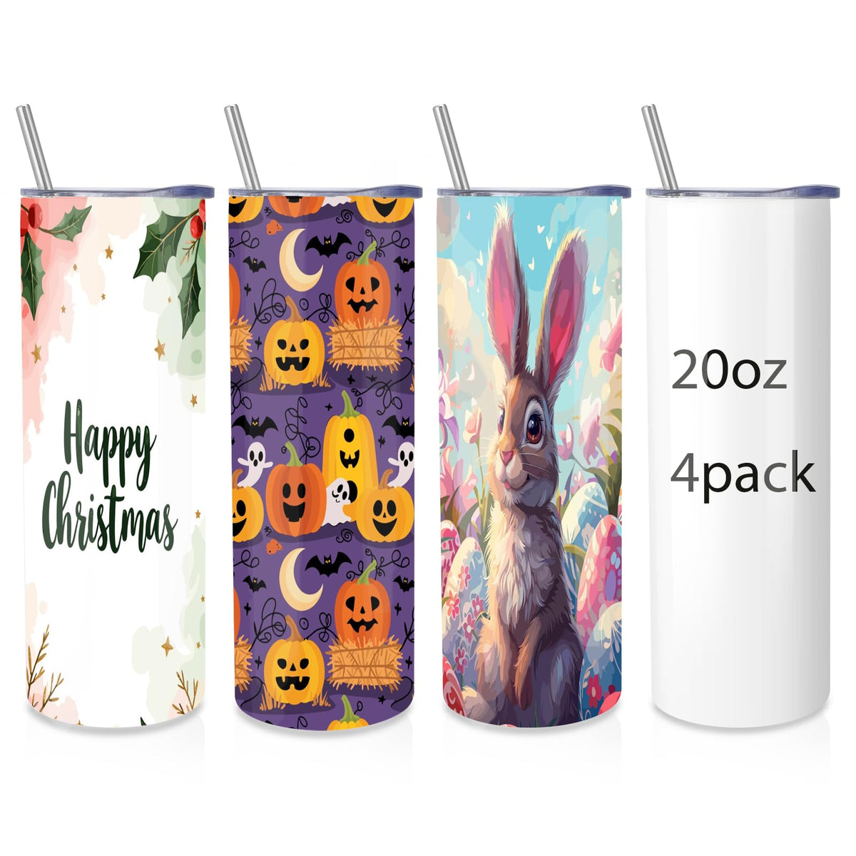 4 Pack Skinny Sublimation Tumblers with Lid and Straw
