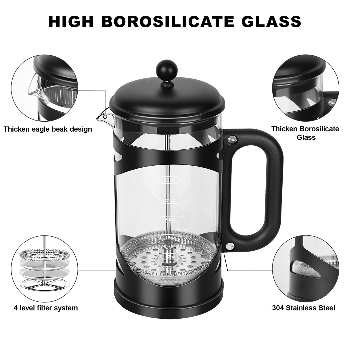 34 Ounce French Press Coffee Maker Black Stainless Steel Coffee Press