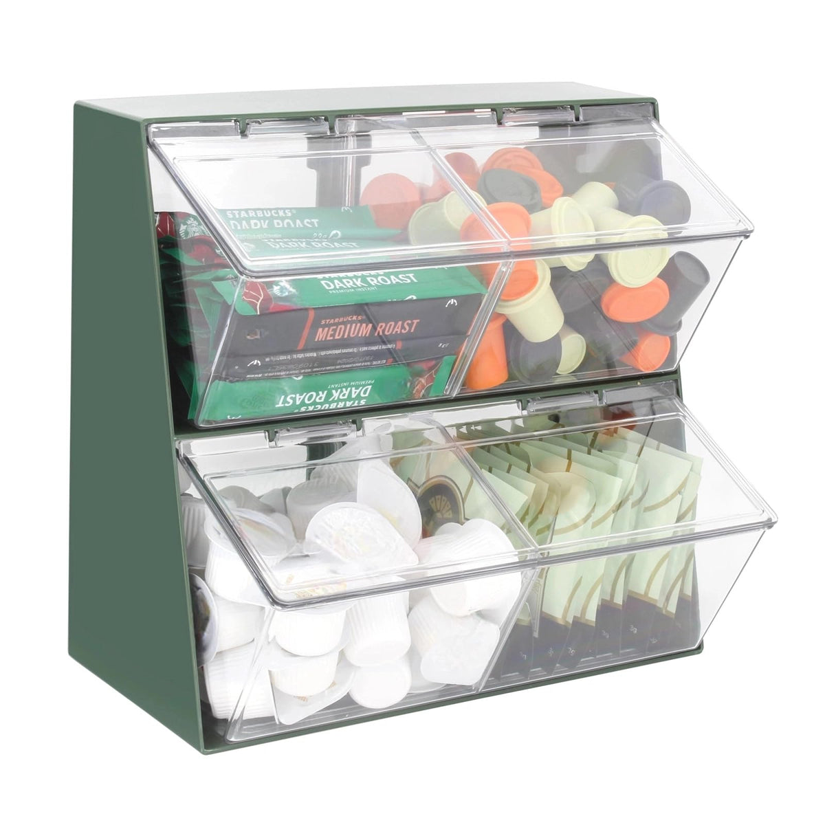 K Cup Holder Plastic Organizer for coffee pod with Lid Large Capacity Countertop Versatile Desk Storage Station for Capsule Creamer Suger Tea Bag Face Mask Green
