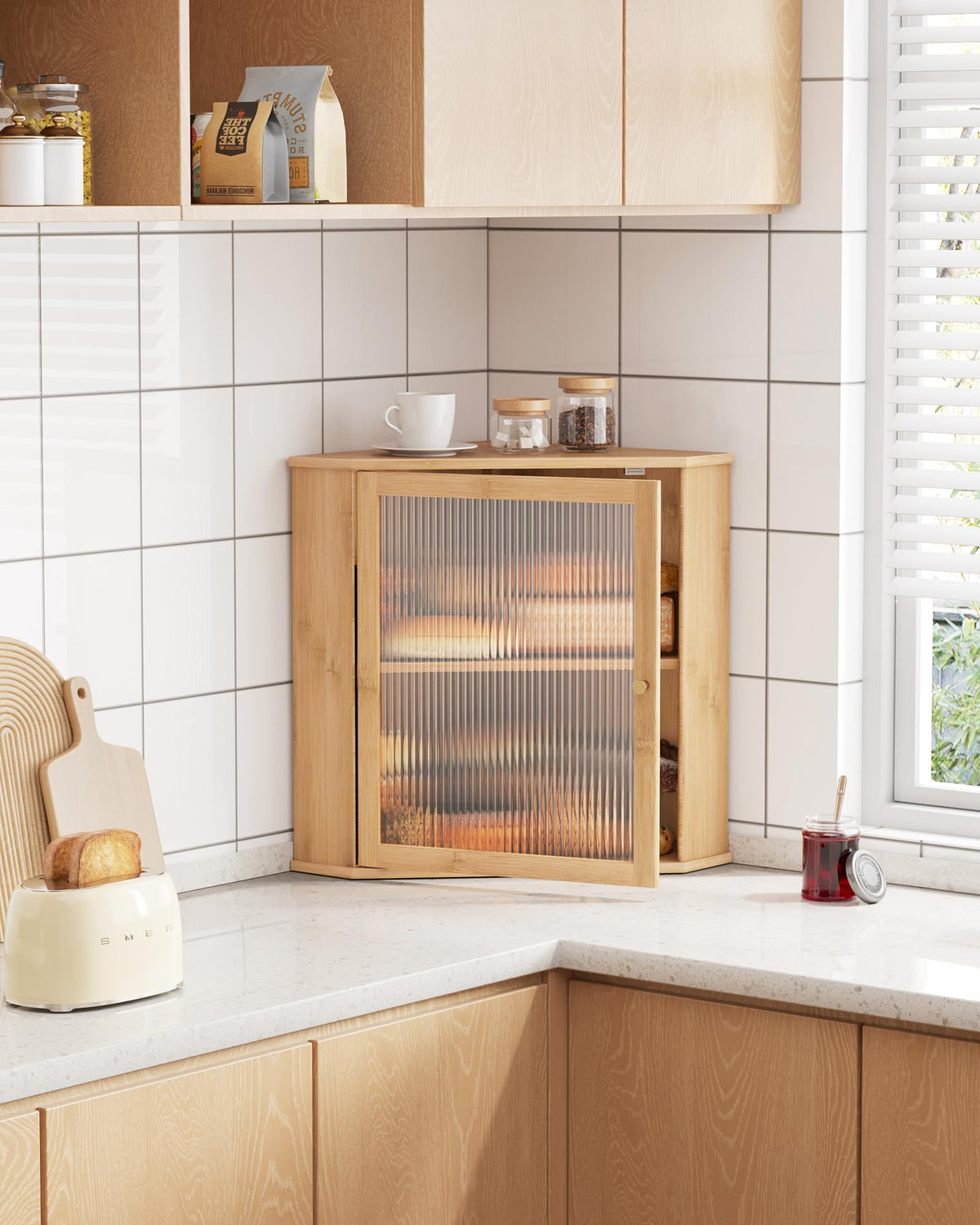 Wooden Corner Bread Box for Kitchen Countertop