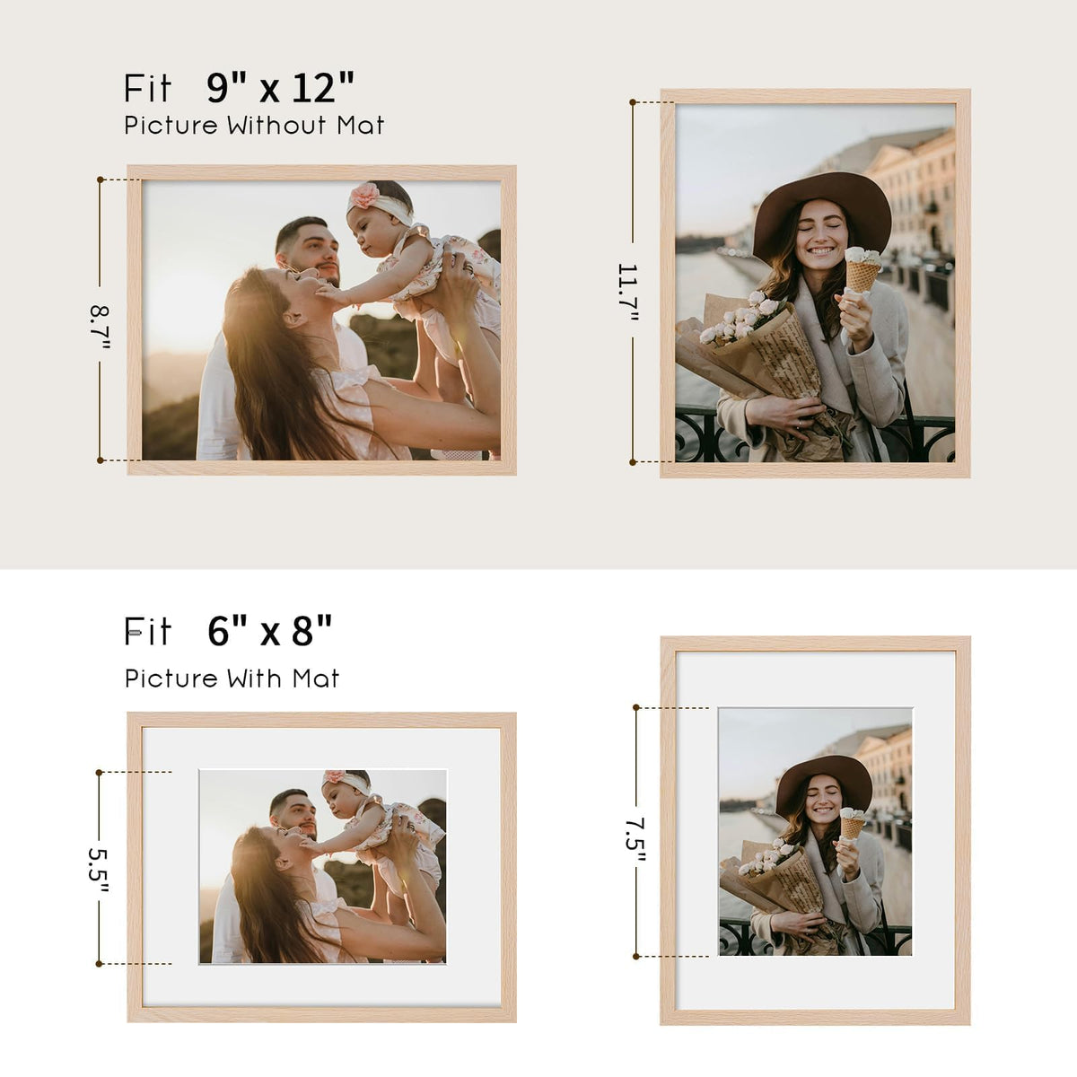 9x12 Solid Oak Wood Picture Frame with 6x8 Mat
