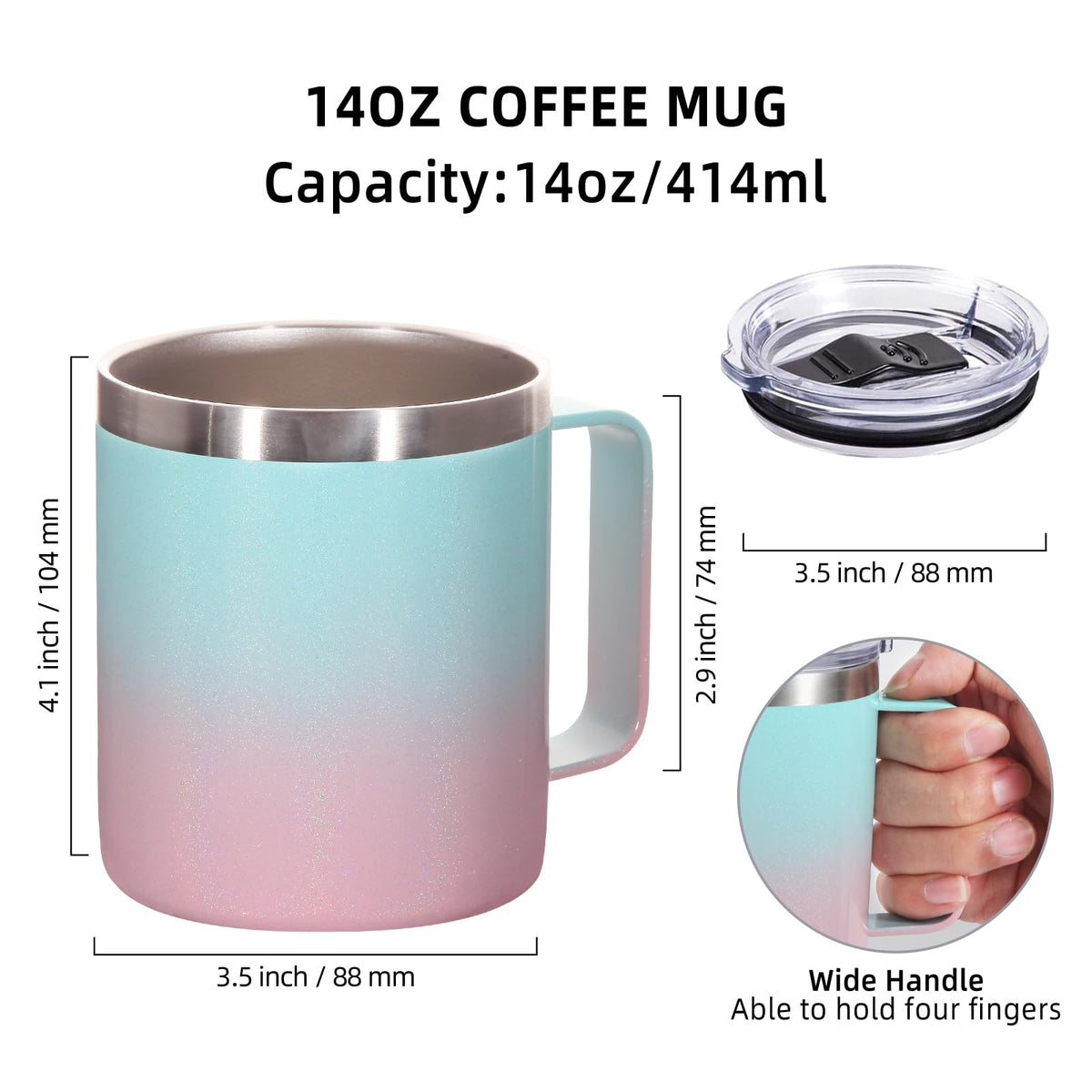 14oz Insulated Stainless Steel Coffee Mug with Lid Bulk 4 Pack (4 Count)