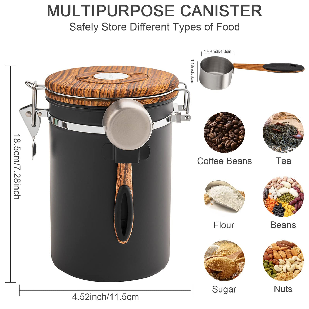 Coffee Canisters Airtight Coffee Bean Storage Container Kitchen Stainless Steel Food Storage Container with Scoop Date Tracker & CO2 Valve 61Fl Oz (60.8652 Fl Oz)
