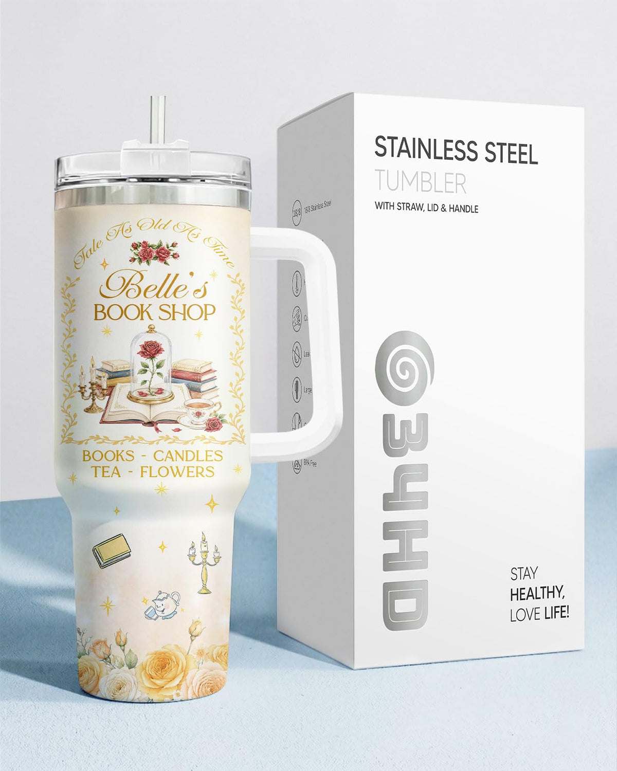 Book Lover Beauty 40oz Tumbler with Handle Straw Lid Enchanted Rose Princess Book Shop Insulated Stainless Steel Travel Mug Gifts for Women Reader Fan Gift