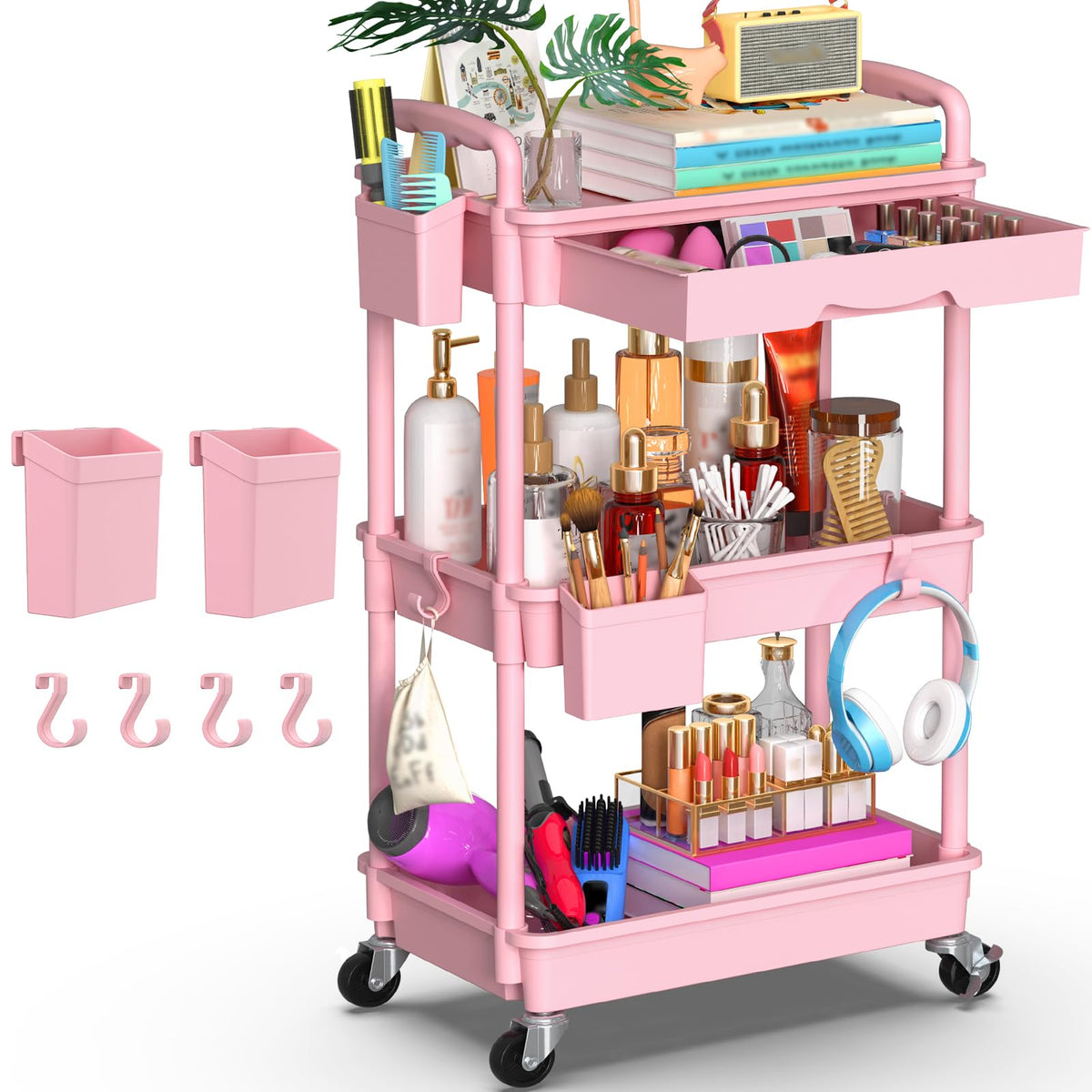 3 Tier Rolling Utility Cart Organizer with Removable Drawer