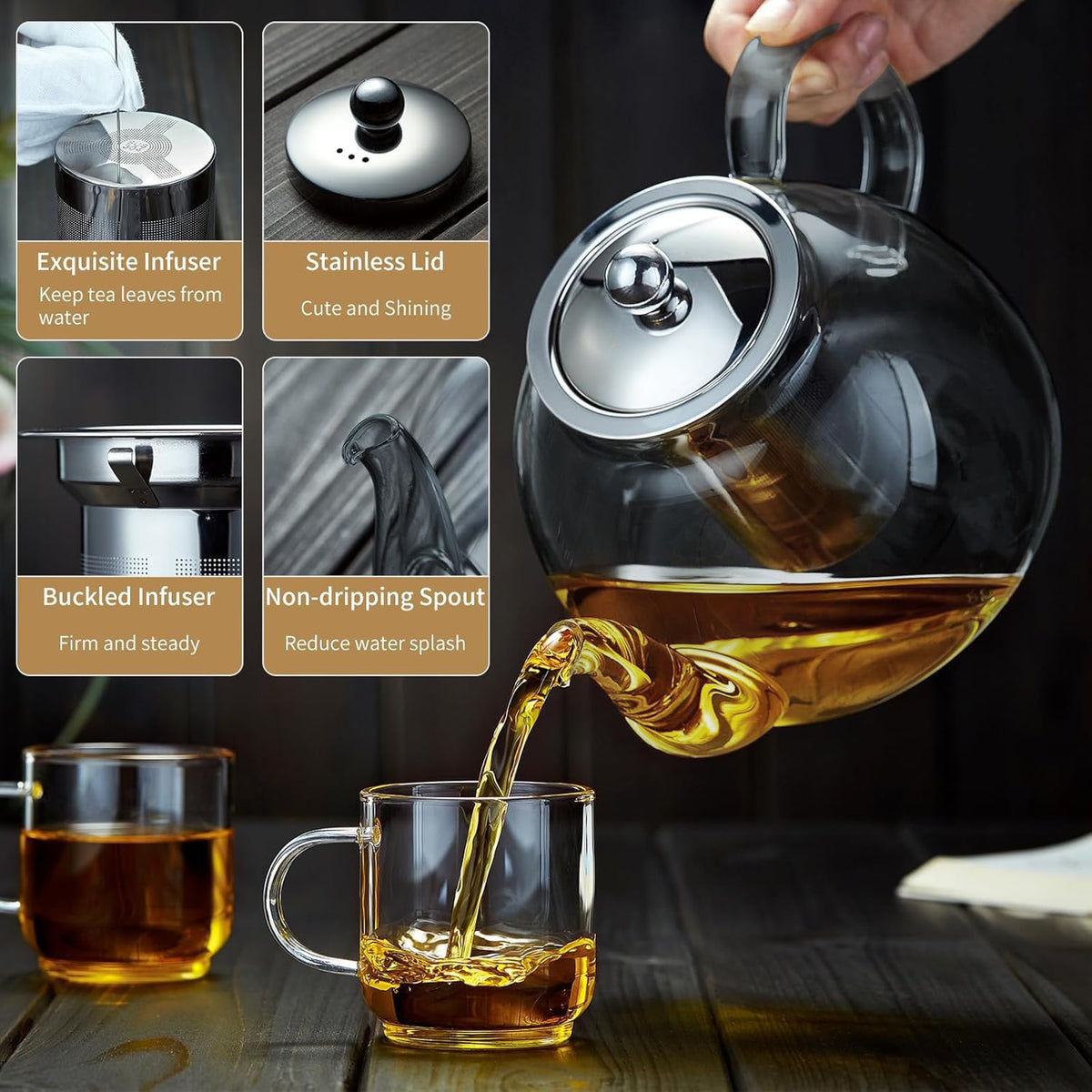 40OZ (1200ML) Glass Teapot with Infuser Stovetop Safe, Clear Glass Tea Pot Kettle, Borosilicate Tea Pot with Infusers Filter for Loose Tea, Tea Kettle Dishwasher Safe (Black)