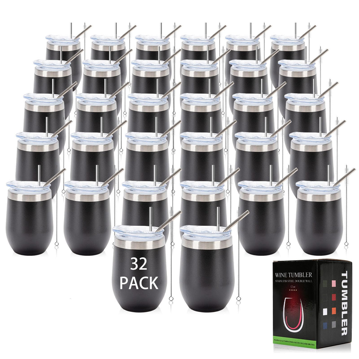32Pack 12oz Stainless Steel Wine Bulk Tumblers with Lids and Straws (32 Count)