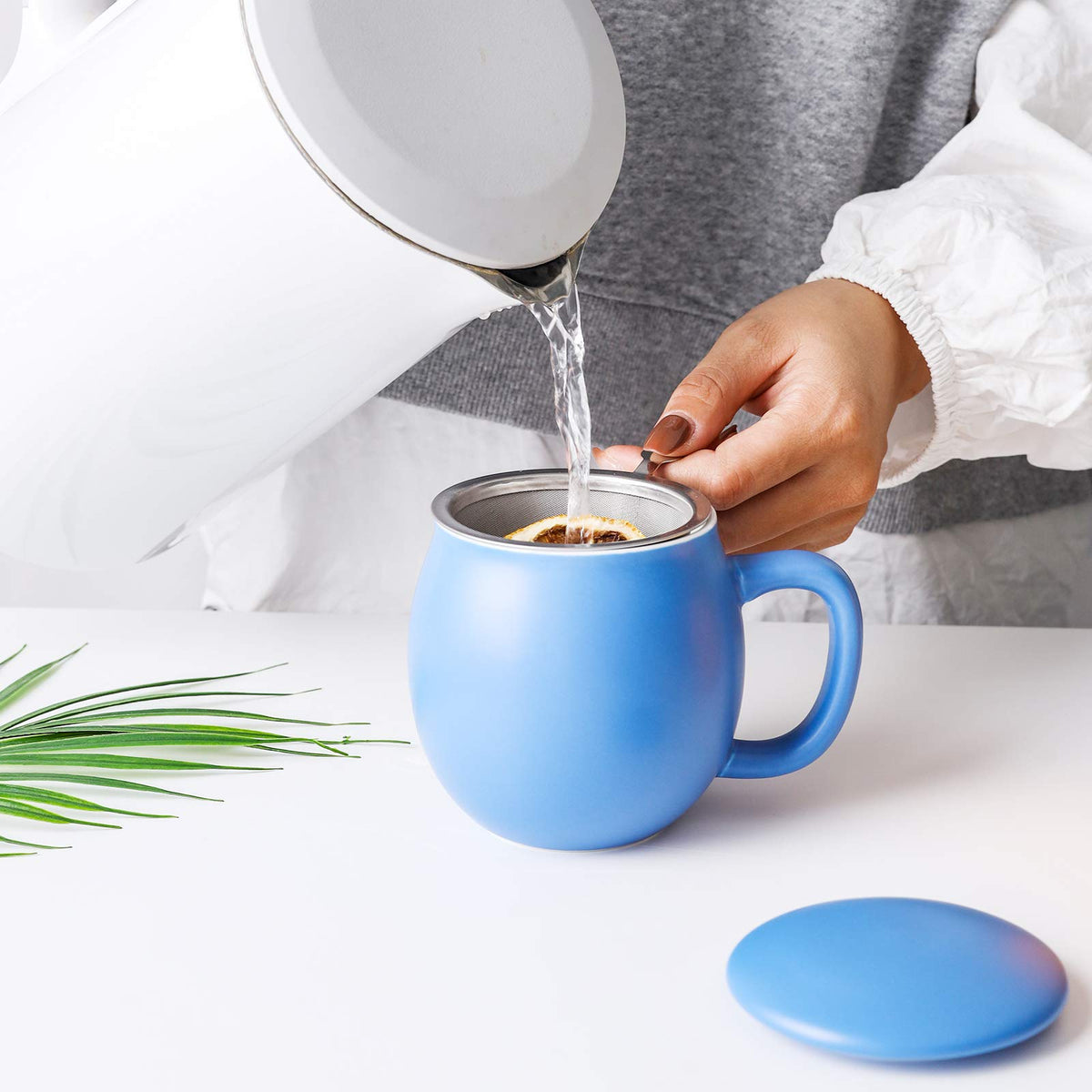 12 OZ Matte Blue Ceramics Teacup with Infuser and Lid