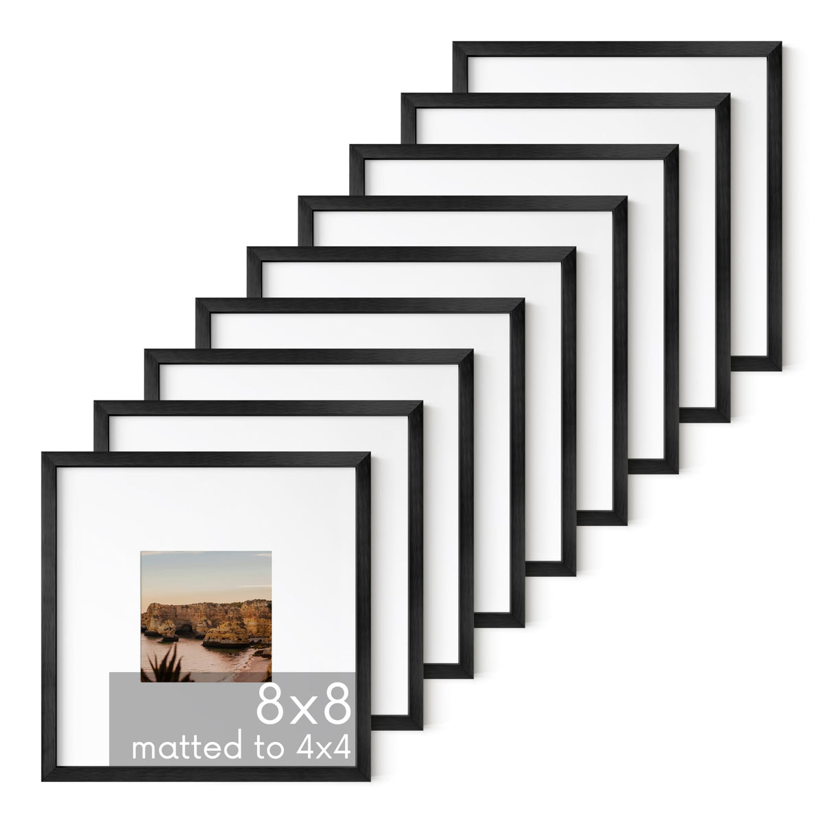 8x8 Black Metal Picture Frames Matted to 4x4 (9 Count)