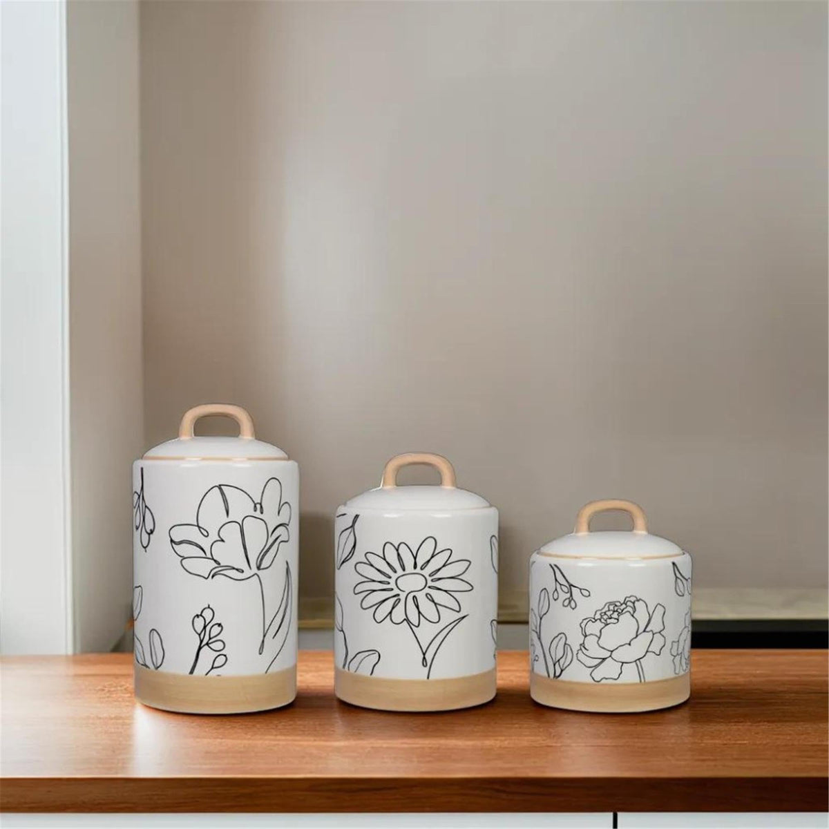 Ceramic Kitchen Canister Set of 3 with Floral Line Art (3 Count)