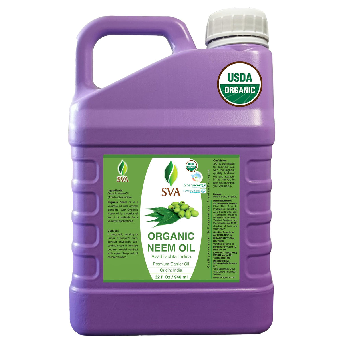 SVA Organic Neem Seed Carrier Oil (32 Fl Oz)