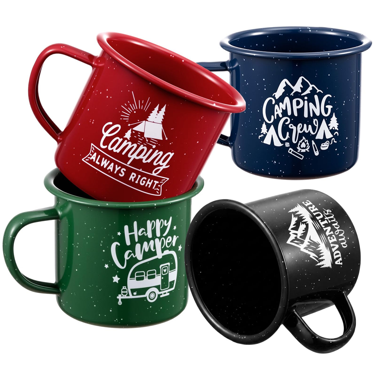4 Pcs Enamel Camping Mugs 12 oz Outdoor Coffee Cups Nostalgic Speckled Enamelware Mug with Printed Design for Hot Cold Beverages Durable Cup for Happy Camper Adventure Home Travel Beach (4 Count)