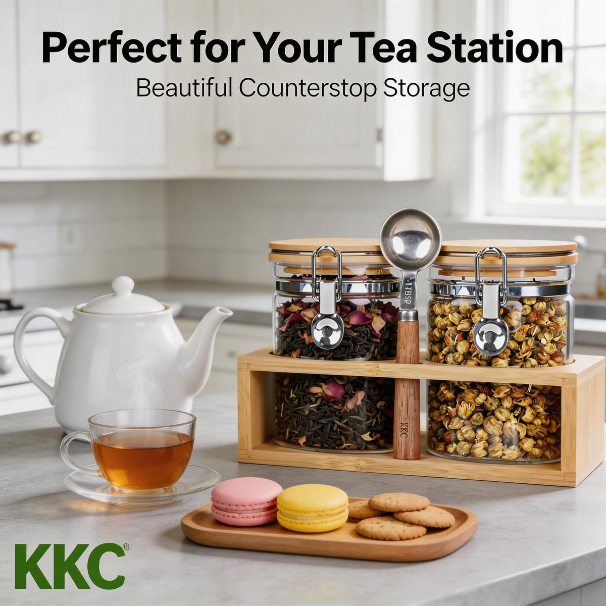 KKC Glass Tea Canister with Bamboo Lids & Spoon