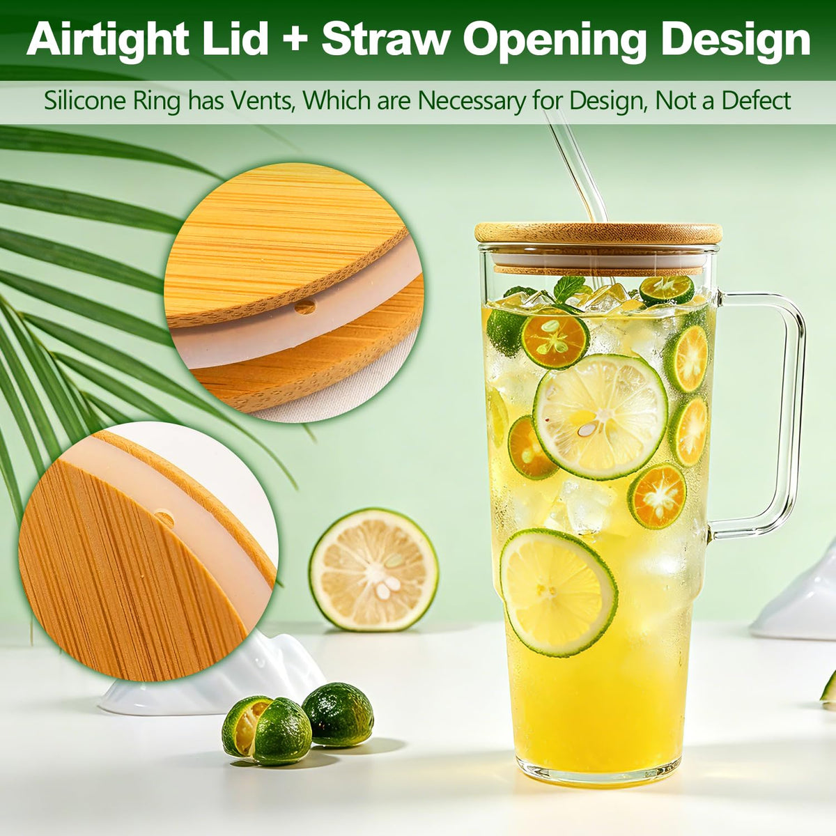 Glass Cup with Handle 49oz Tumbler with Straw and Lid
