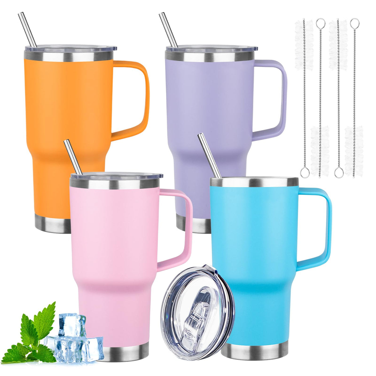 20oz Insulated Tumbler with Handle Stainless Steel Travel Coffee Mug with Lid and Straw Double Wall Vacuum Leak (4 Count)