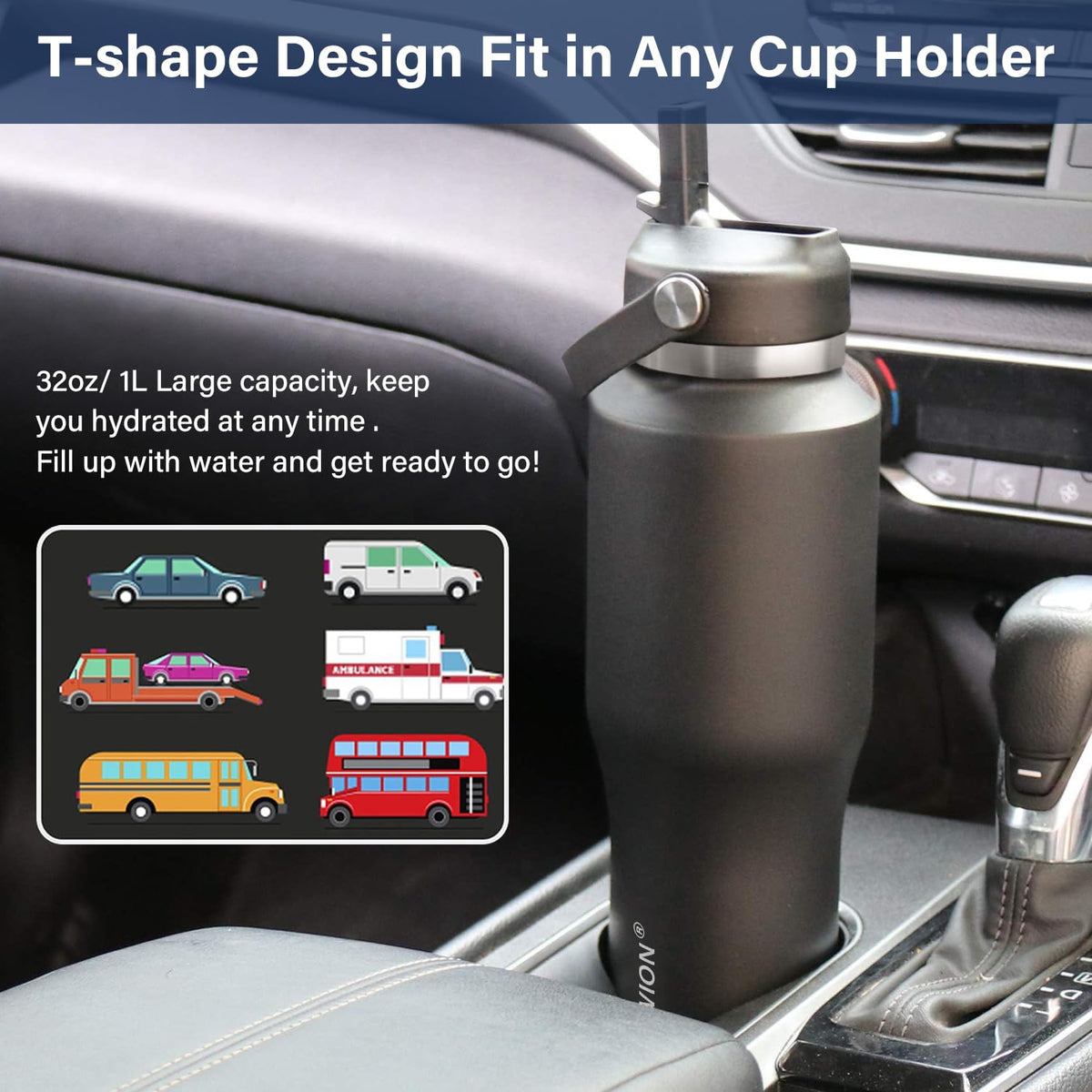 40 oz Insulated Water Bottle with Straw fit in Car Cup Holder