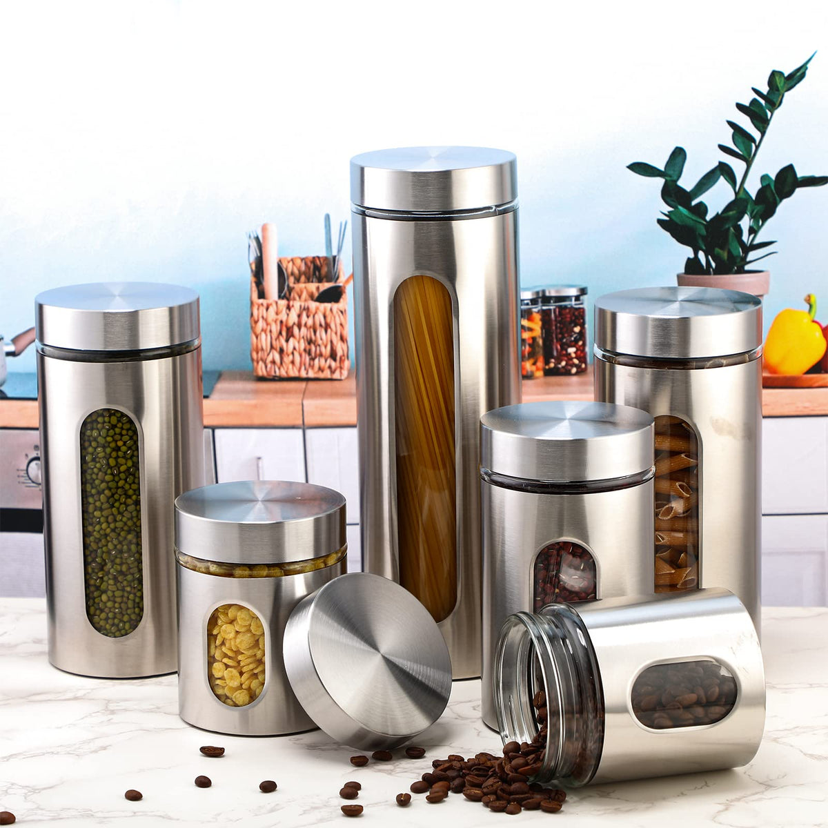 8 Pcs Kitchen Canister Set Stainless Steel Nested Canister Storage Set with Glass Window Airtight Lid Coffee Sugar Tea Storage Jars for Flour Pasta Cookies Spices Grains