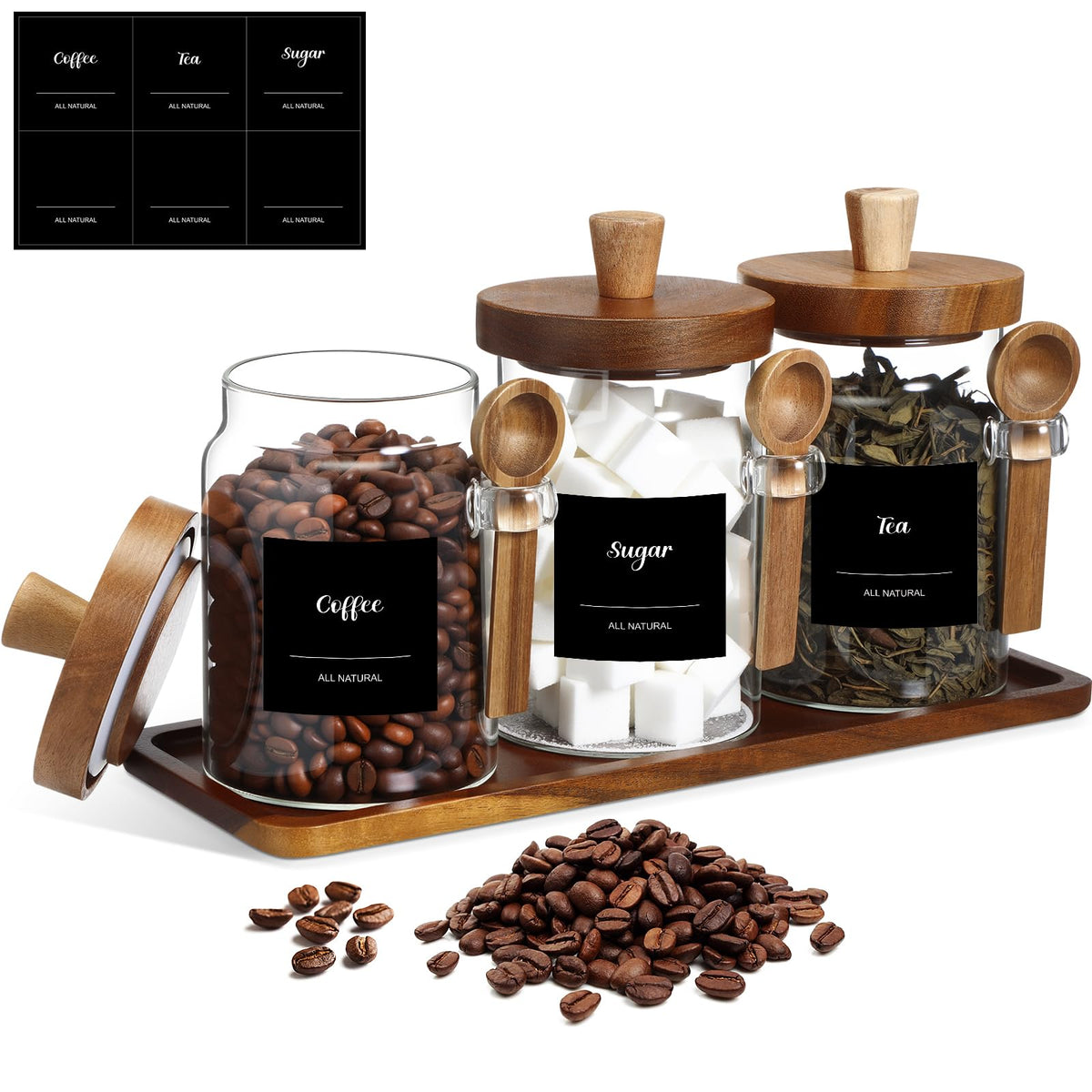 3 Pcs Glass Coffee Container with Wooden Lid Spoon Shelf Labels Clear Airtight Jar Food Storage Canister Set for Sugar Spice Coffee Bean Holder Housewarming Gift (3 Count)