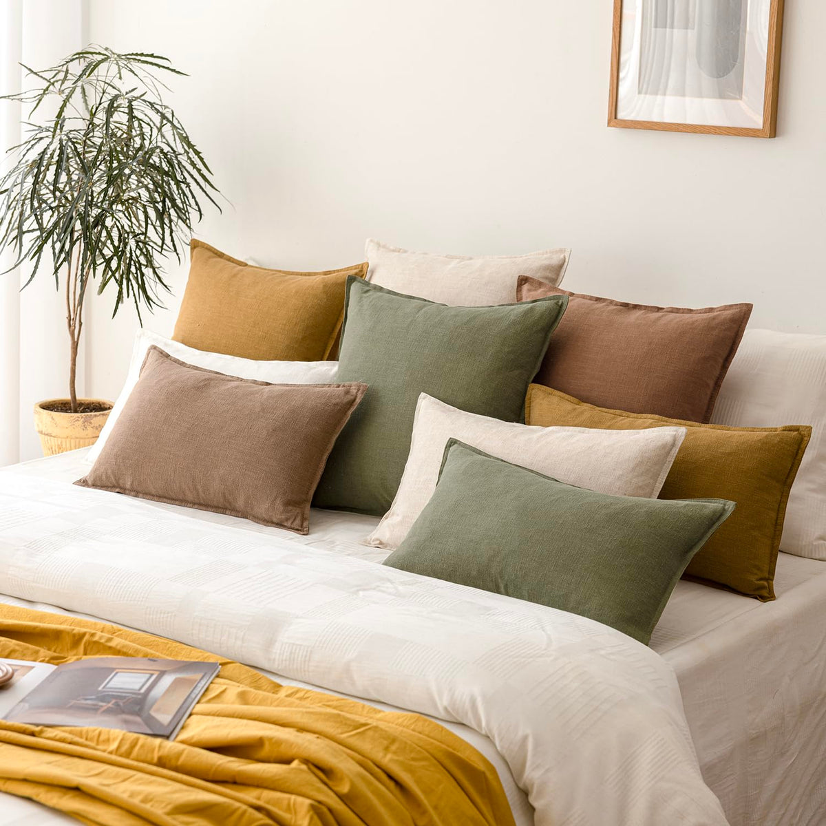 Pack of 2 Decorative Linen Solid Throw Pillow Covers Soft Accent Cushion Case Farmhouse Neutral Pillowcase for Chair Couch Sofa Bedroom Living Room Home Decor 18x18 Inch Olive Branch Green (2 Count)
