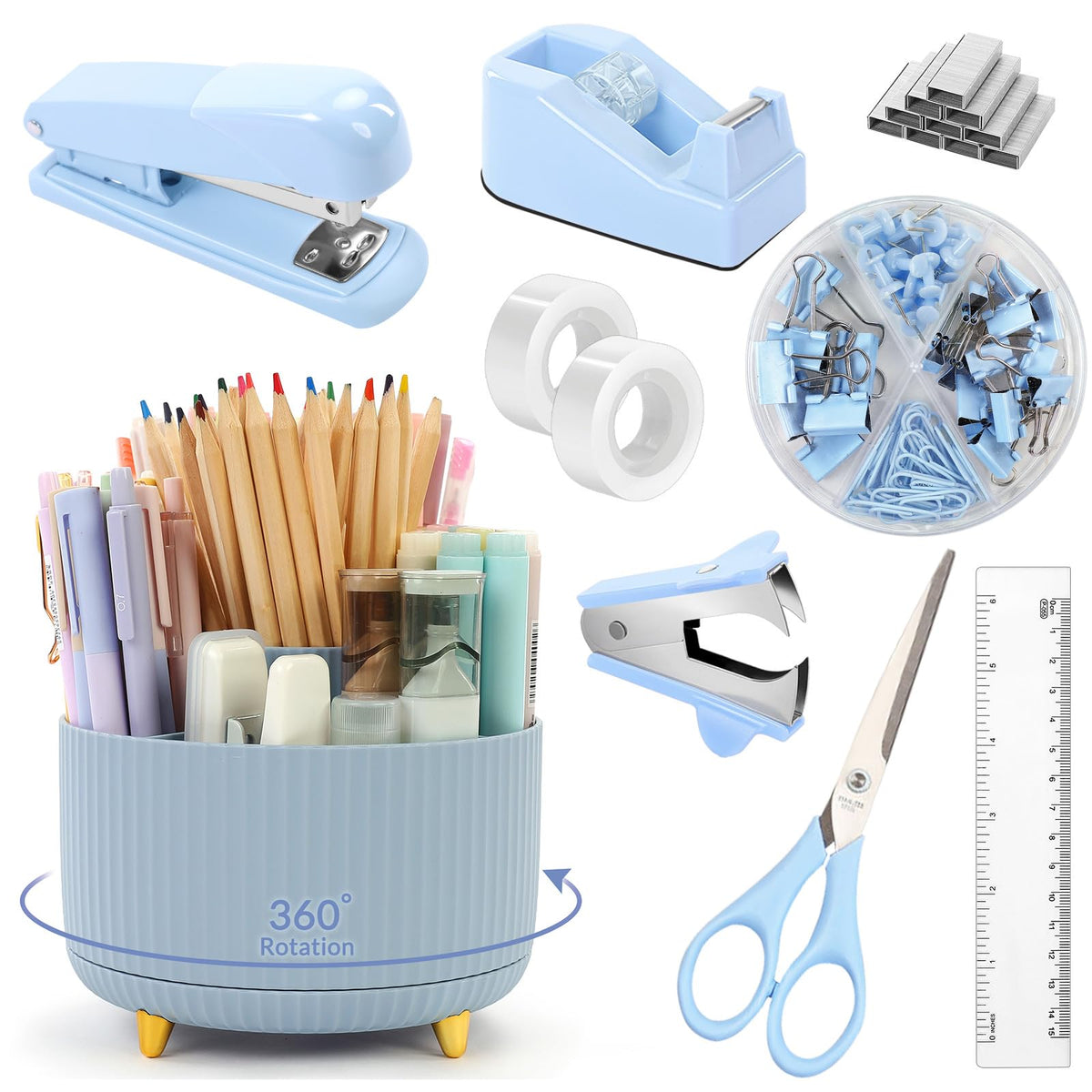 Blue Desk Accessories 11Pcs with Rotating Pen Holder for Desk