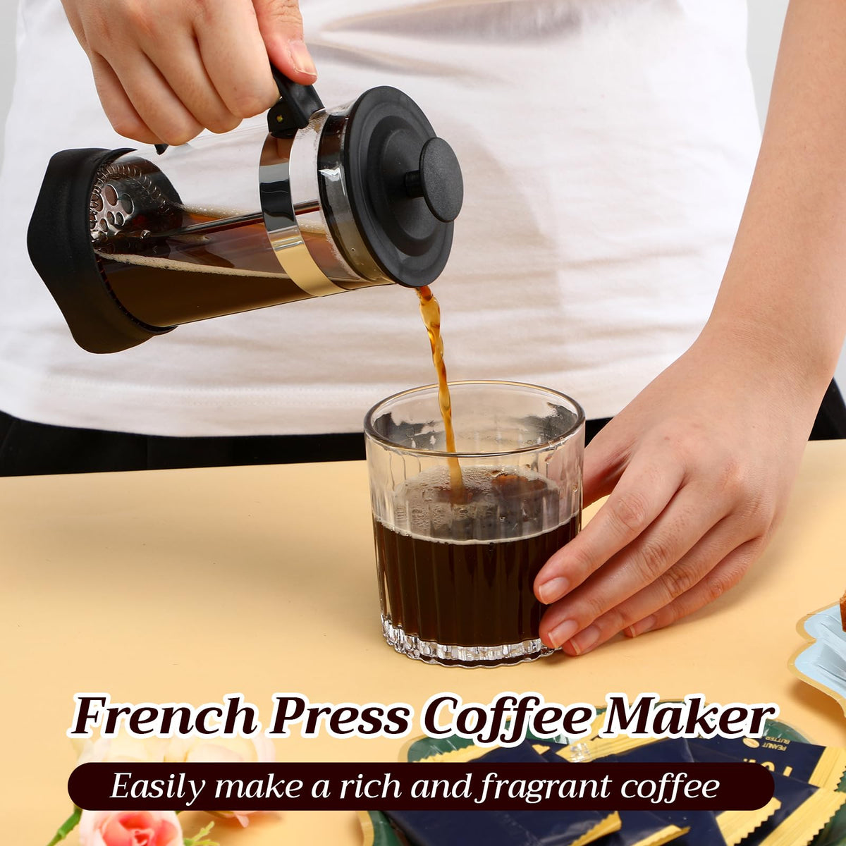 4 Pack French Press Coffee Maker Borosilicate Glass Coffee Press Heat Resistant Stainless Steel Tea Maker for Travel Camping Kitchen Gifts Includes Pot Filters (4 Count)
