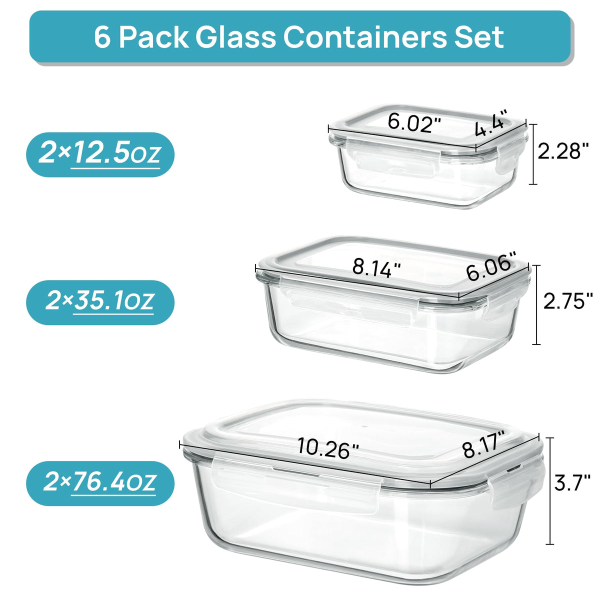 2.26L 76oz Extra Large Glass Food Storage Containers with Lids (6 Count)