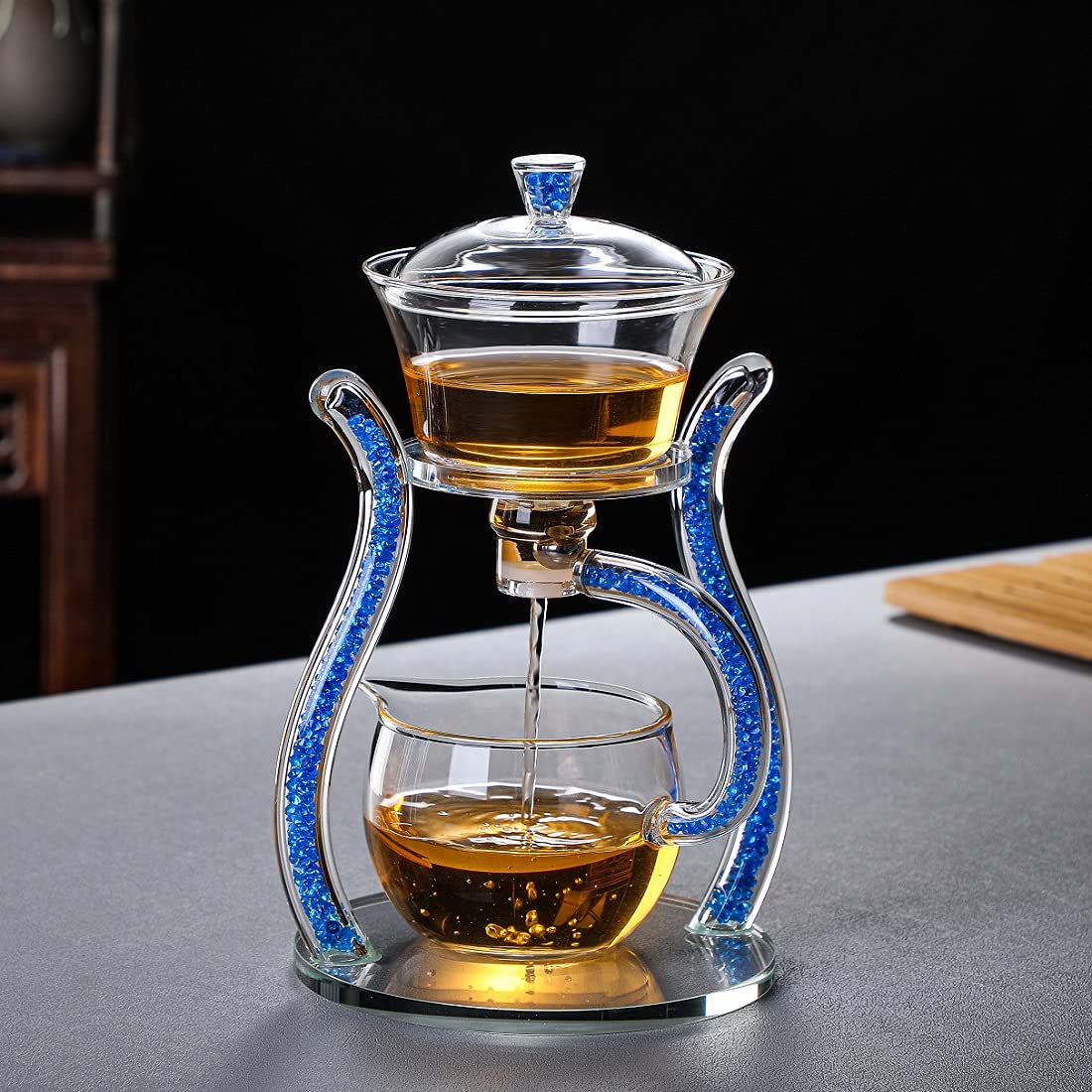 Glass Teapot Set Semi Automatic Drip Rotating with Infuser Lazy Kungfu Tea pot Set