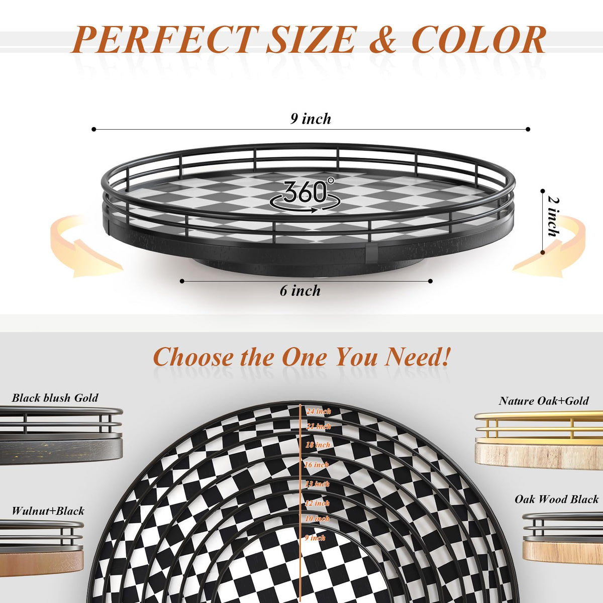 9 Inch Black and White Checkerboard Lazy Susan with Oak Base