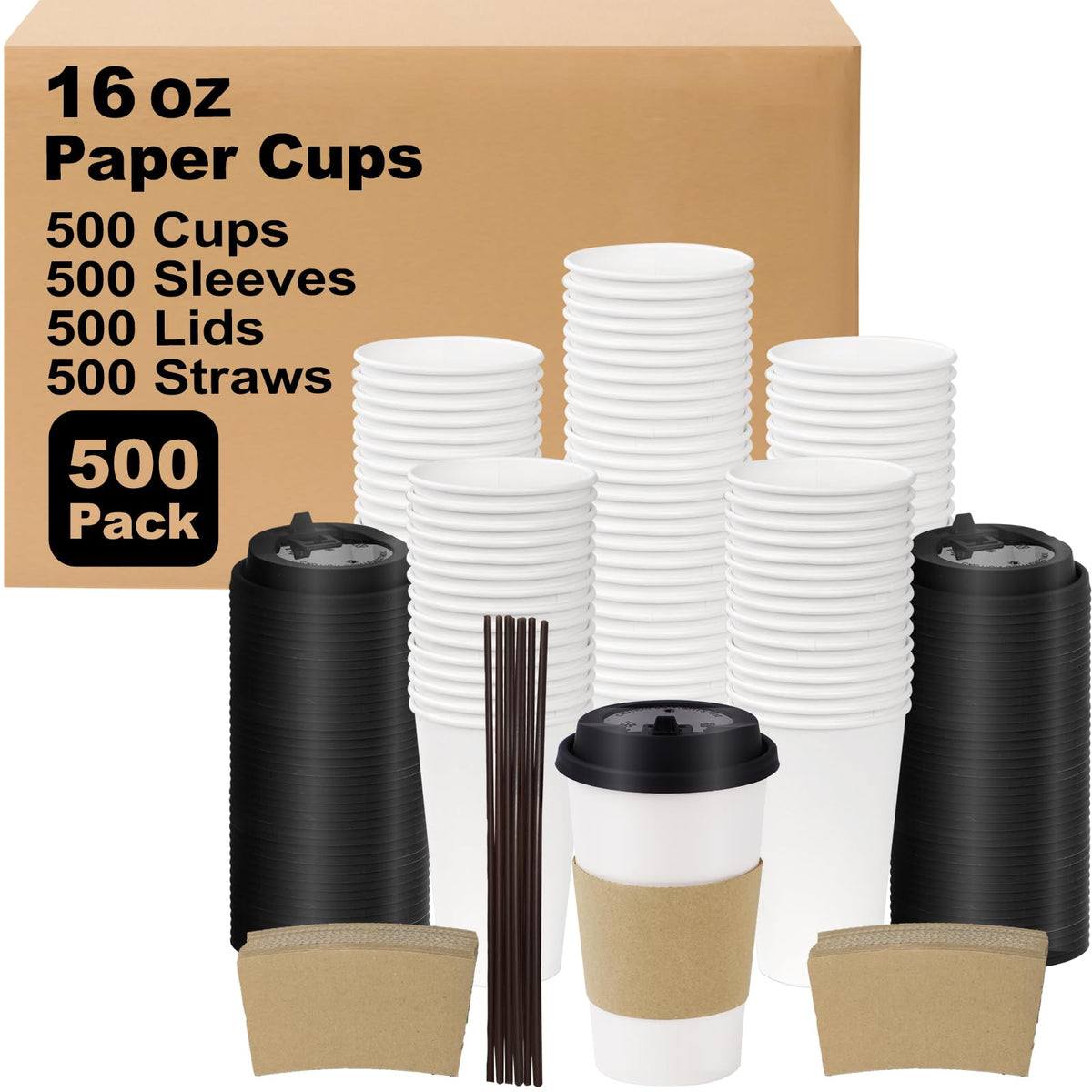 16 oz 500 Pack Coffee Cups with Lids and Sleeves (500 Count)