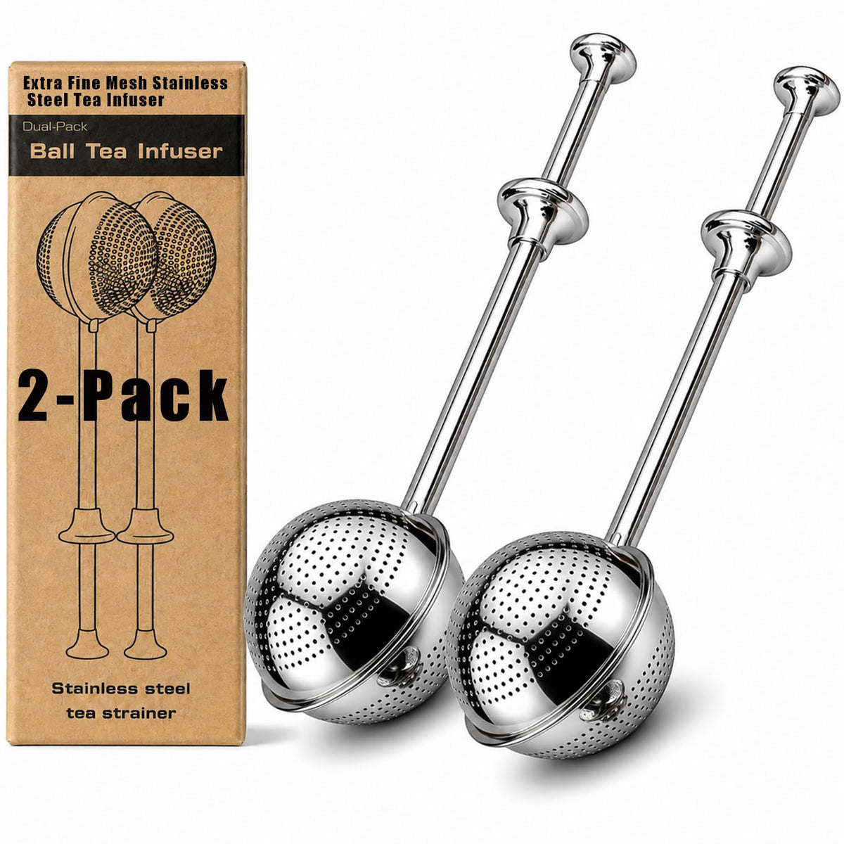 2-Pack Long-Handled Tea Strainer for Loose Tea, Extra Fine Mesh Stainless Steel Tea Infuser, Push-Style Loose Leaf Tea Steeper, Easy Clean Loose Tea Filter