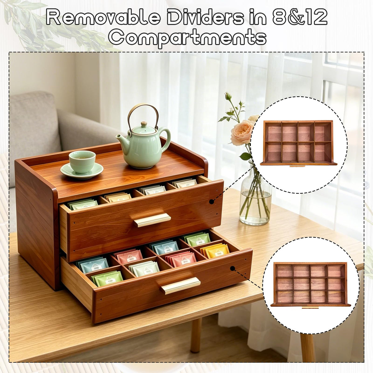 Wood Tea Bag Organizer with Mat Wood Tea Storage Bag Double