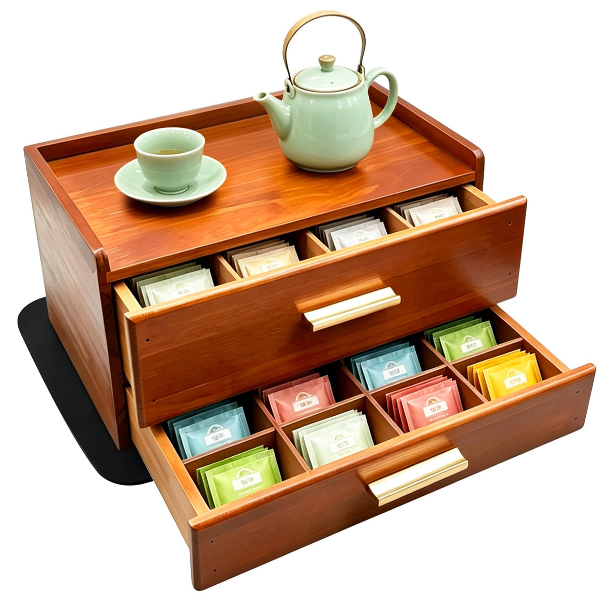 Wood Tea Bag Organizer with Mat Wood Tea Storage Bag Double