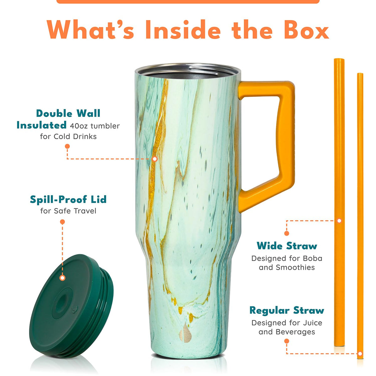 Spill Proof 40oz Insulated Tumbler with Handle & Straw Travel Mug