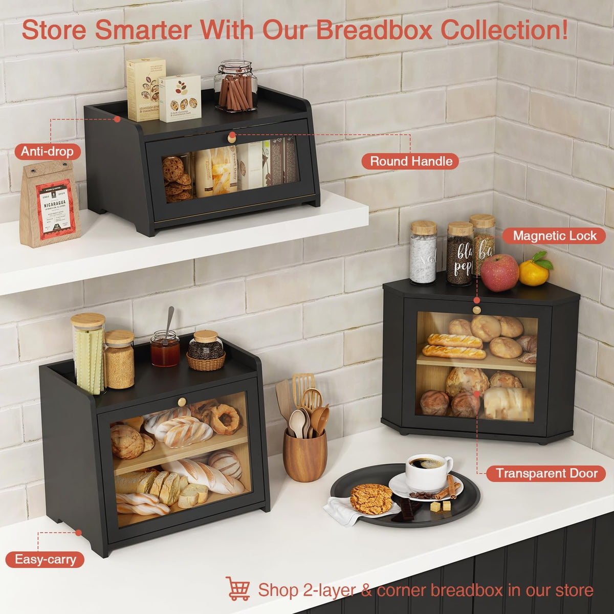 Black Bread Box for Kitchen Countertop