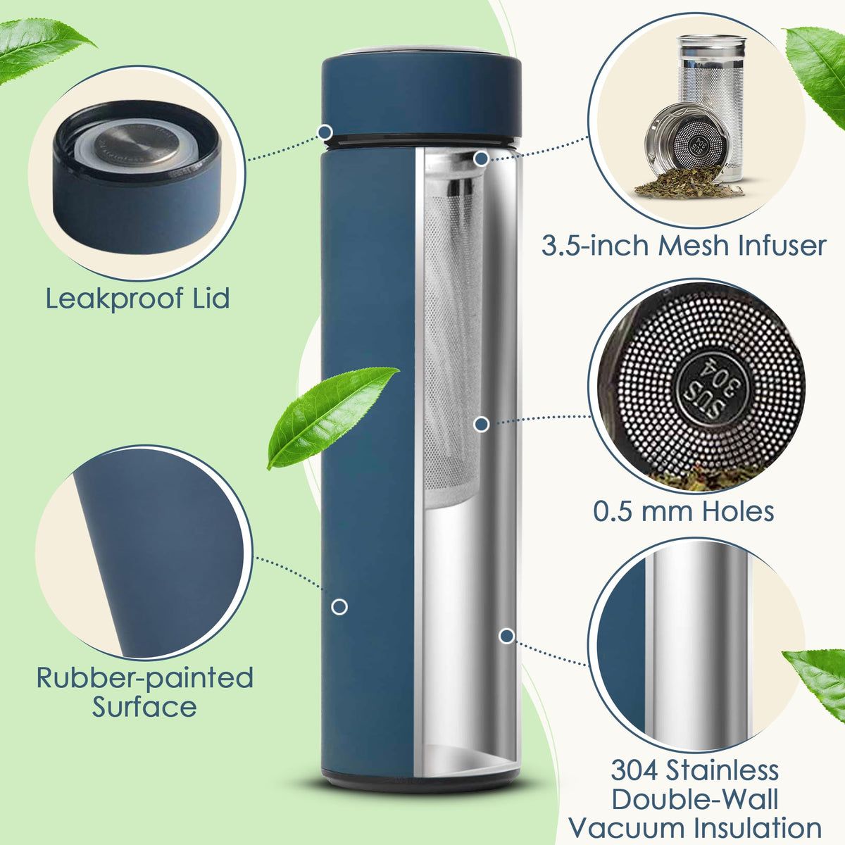 All-in-One Tea Thermos with Infuser for Loose Tea, Coffee, Fruit-Infused Water (Hot/Cold) - 16.9oz Insulated Stainless Steel Coffee Travel Mug, Tea Infuser Cup, Leakproof Tea Cup